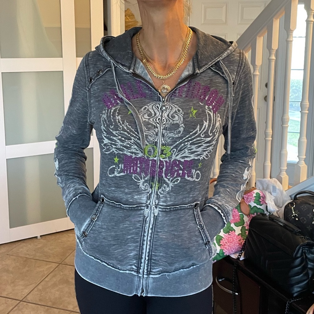 Harley-Davidson Gray Zip-Up Hoodie with Wing Graphic and Purple Accents